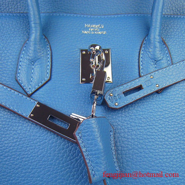 Hermes 35cm Embossed Veins Leather Bag Bule 6089 Silver Hardware